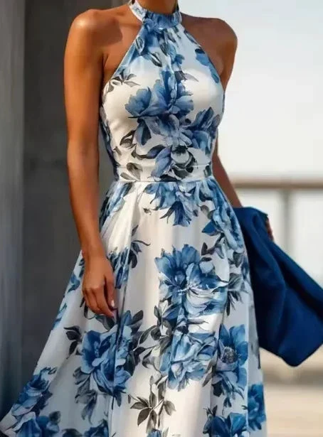 New Arrive Sleeveless Satin Floral Print Halter Neck A Line Evening Dress Blue Prom Dress Y8480 - Image 3