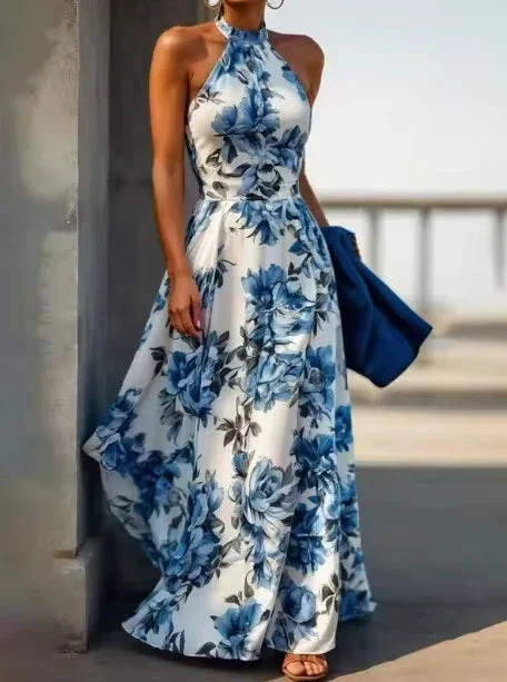 New Arrive Sleeveless Satin Floral Print Halter Neck A Line Evening Dress Blue Prom Dress Y8480 - Image 4