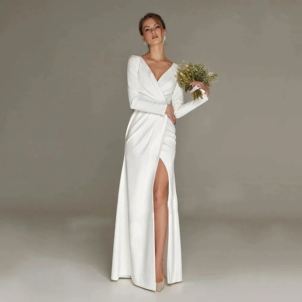 New Civil Wedding Dress V-neck Floor Length White Side Slit Bridal Gown For Bride Lawn 2023 Engagement Party Vestidos Novia - Image 2
