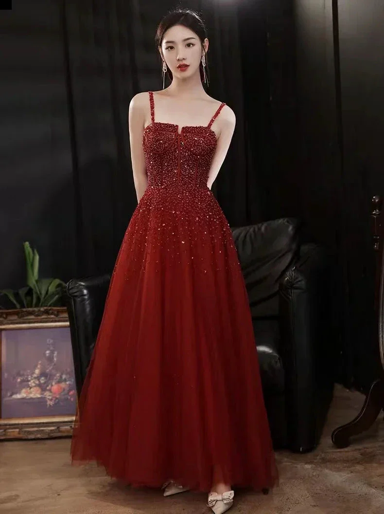 New elegant red classy sleeveless spaghetti strap party dress heavy bead evening dress Y816 - Image 2