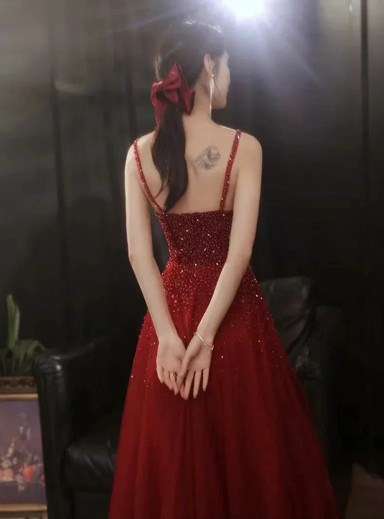 New elegant red classy sleeveless spaghetti strap party dress heavy bead evening dress Y816 - Image 3