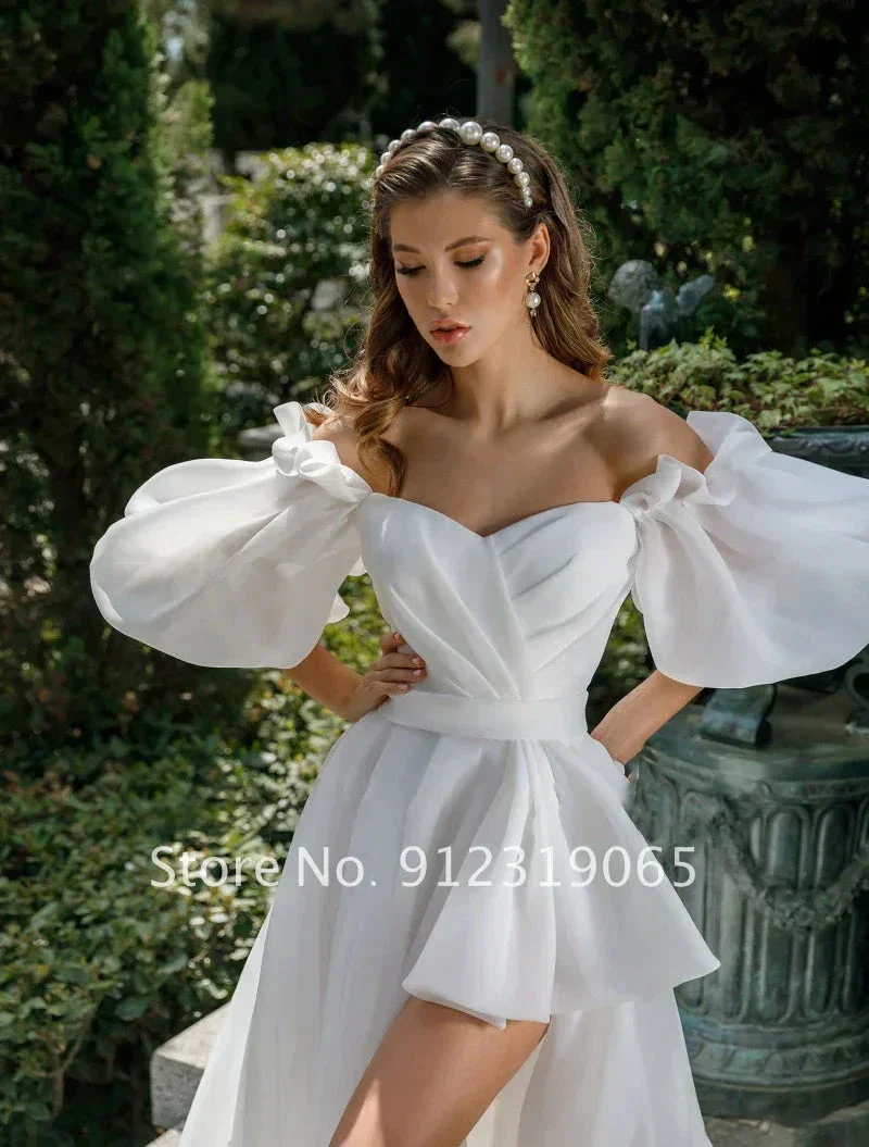 New Front Short Long Back Wedding Dresses Classic Short Sleeve Bride Dress With Train Wedding Gown Vestido De Noiva - Image 3