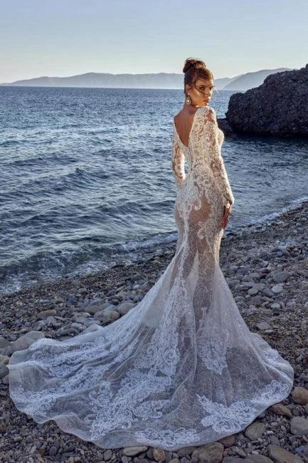 New Long Mermaid Lace Wedding Dresses With Long Sleeves - Image 2