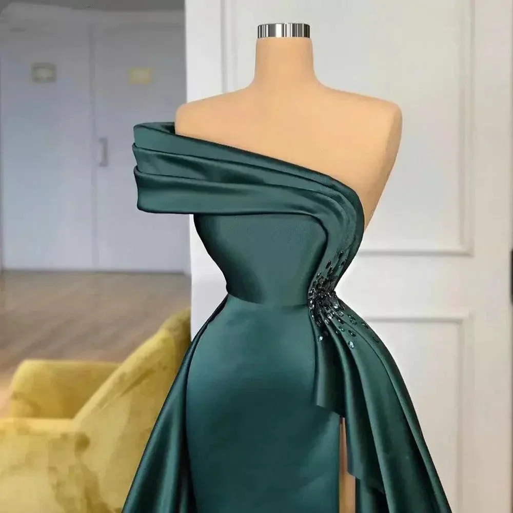 New Long Satin Evening Dresses Wear Elegant Ruched Crystal Beads Split One Shoulder Evening Gowns Formal Women Prom Dresses S23314 - Image 2
