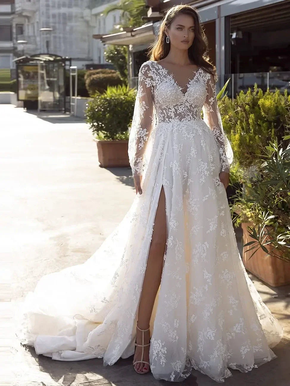 New Long Sleeves Vestidos De Novia Appliques Vestido De Noiva V-Neck Backless Wedding Dresses Lace Robe De Mariée - Image 4