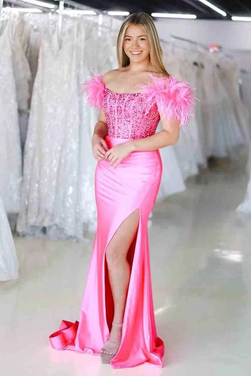 New Mermaid Satin Off The Shoulder Beaded Side Slit Long Prom Dresses With Feather - Image 2