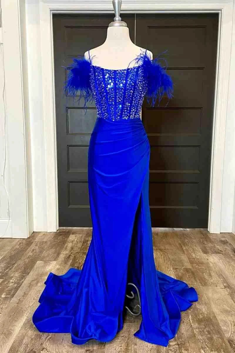 New Mermaid Satin Off The Shoulder Beaded Side Slit Long Prom Dresses With Feather - Image 3