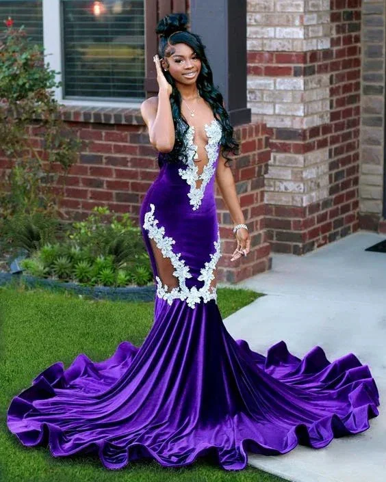 New Purple Mermaid Evening Dress With Lace Elegant Fishtail Black Girls Prom Dress Plus Size Formal Occasion Party Gowns Y6581 - Image 2