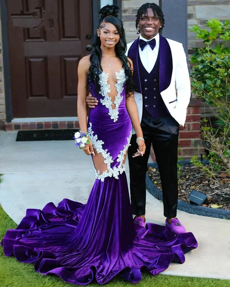 New Purple Mermaid Evening Dress With Lace Elegant Fishtail Black Girls Prom Dress Plus Size Formal Occasion Party Gowns Y6581 - Image 3