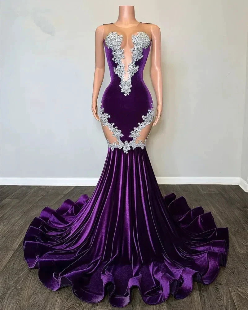 New Purple Mermaid Evening Dress With Lace Elegant Fishtail Black Girls Prom Dress Plus Size Formal Occasion Party Gowns Y6581 - Image 4