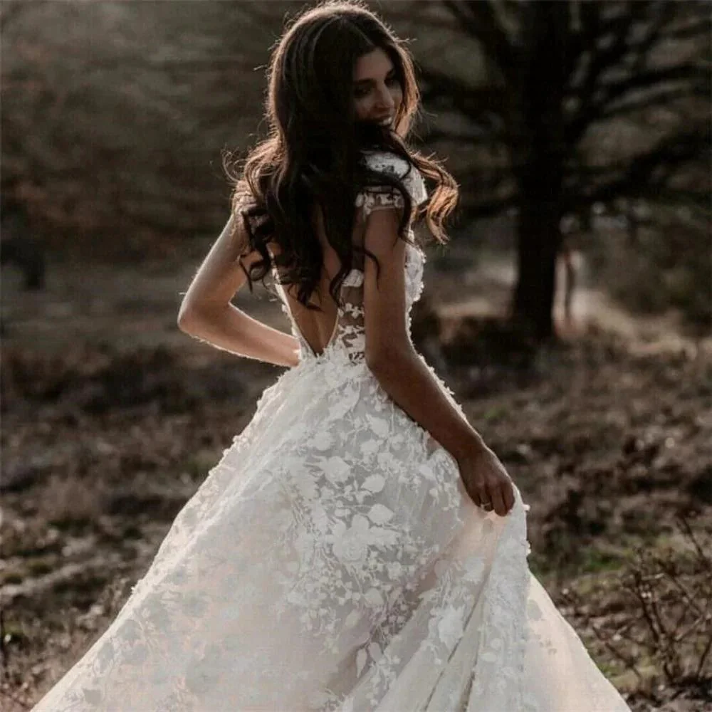 New Romantic Boho Country Wedding Dresses With 3D Flowers Sexy V-Neck Illusion Arabic Bridal Wedding Gowns - Image 2