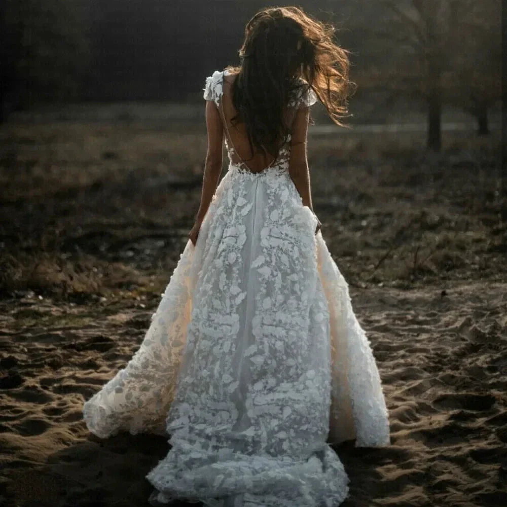 New Romantic Boho Country Wedding Dresses With 3D Flowers Sexy V-Neck Illusion Arabic Bridal Wedding Gowns - Image 3