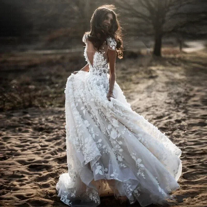 New Romantic Boho Country Wedding Dresses With 3D Flowers Sexy V-Neck Illusion Arabic Bridal Wedding Gowns - Image 4