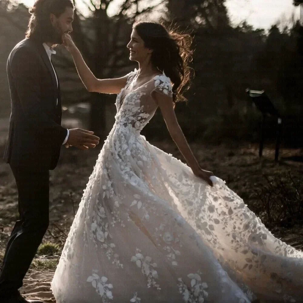 New Romantic Boho Country Wedding Dresses With 3D Flowers Sexy V-Neck Illusion Arabic Bridal Wedding Gowns - Image 5