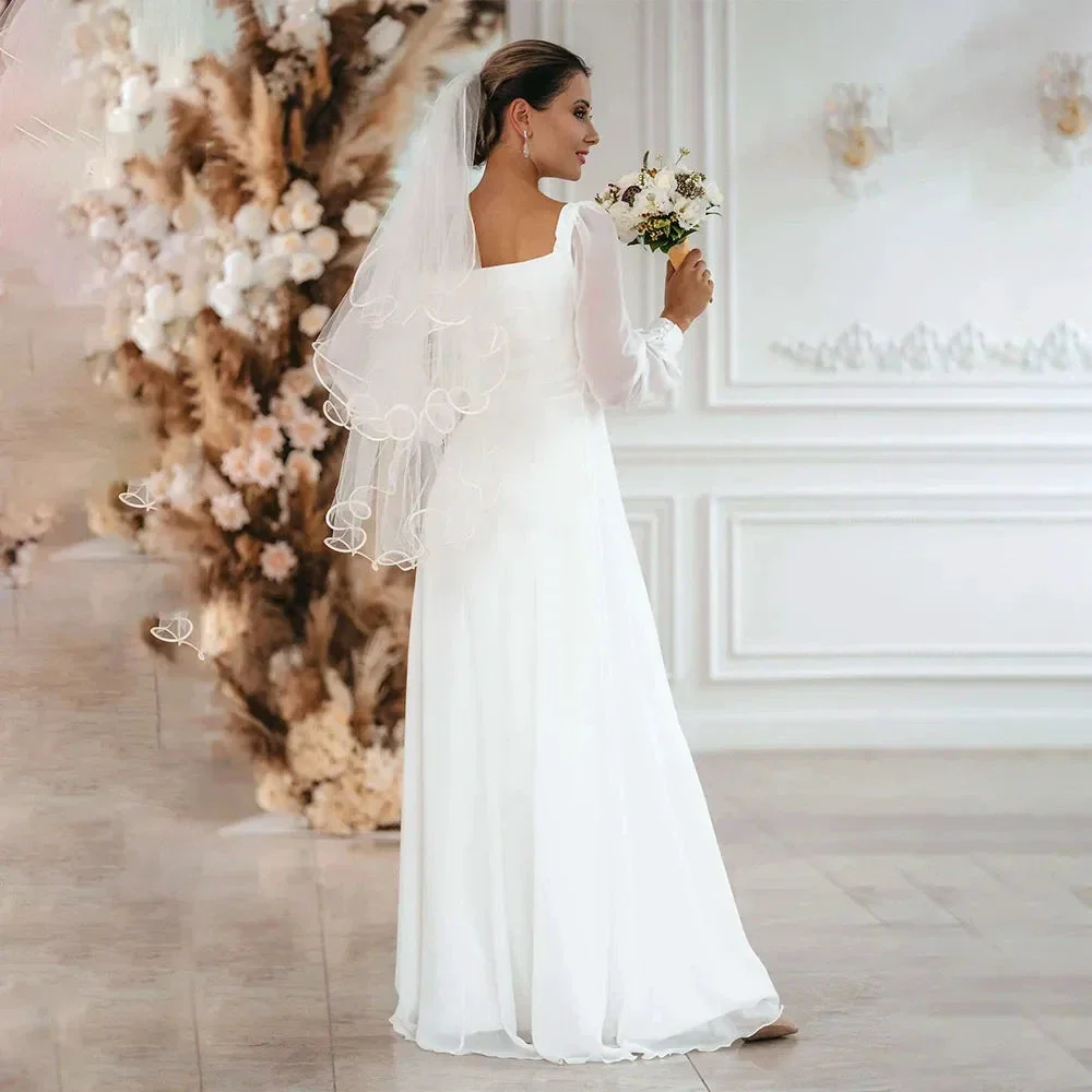 New Simple Wedding Dress 2022 A Line Square Collar Long Sleeve Floor Length Beach Bridal Gowns Eleagnt Vestidos De Novia Civil - Image 3