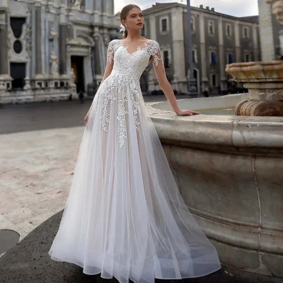 New Simple Wedding Dress V-Neck Vestidos De Novia Appliques Long Sleeves Vestido De Noiva Lace Robe De Mariée