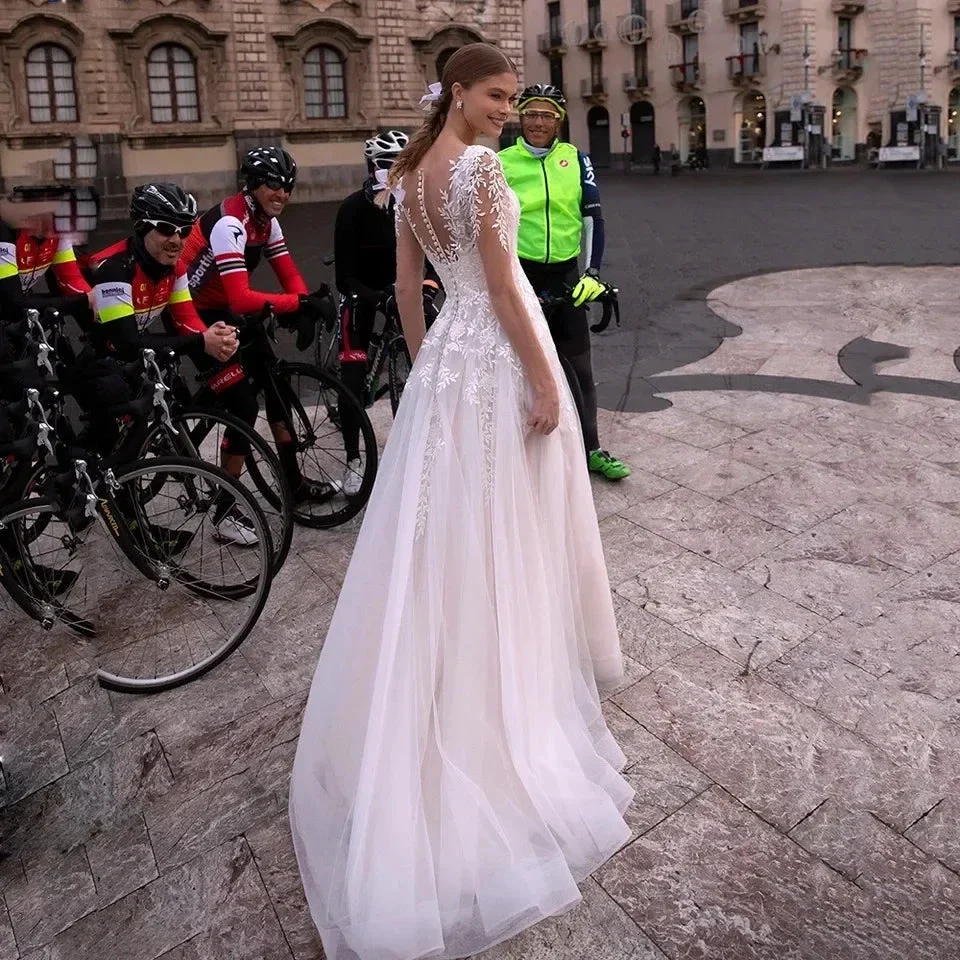New Simple Wedding Dress V-Neck Vestidos De Novia Appliques Long Sleeves Vestido De Noiva Lace Robe De Mariée - Image 2