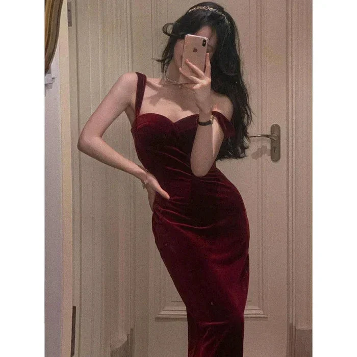 New Summer Women Vintage Sleeveless Velvet Dress Female Spaghetti Strap Sexy Bodycon Dress Ladies Elegant Evening Dress Y1654 - Image 2