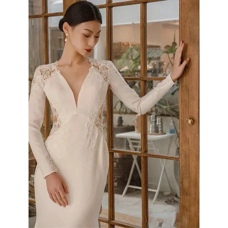New White V-neck Mermaid Lace Real Photo 2023 Satin Wedding Dress Korean Style Zipper Wedding Gowns - Image 2