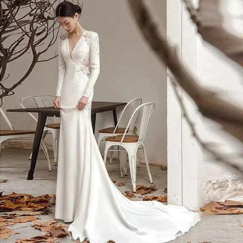 New White V-neck Mermaid Lace Real Photo 2023 Satin Wedding Dress Korean Style Zipper Wedding Gowns - Image 4