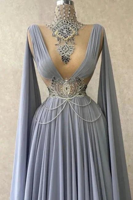 Noble high neck sleeveless a-line 100D-chiffen prom dresses with beads - Image 2