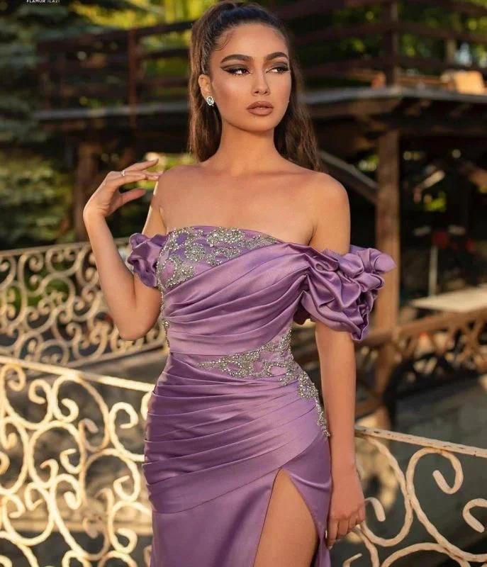 Noble Off The Shoulder Ruffles Purple Split Mermaid Evening Dresses - Image 2
