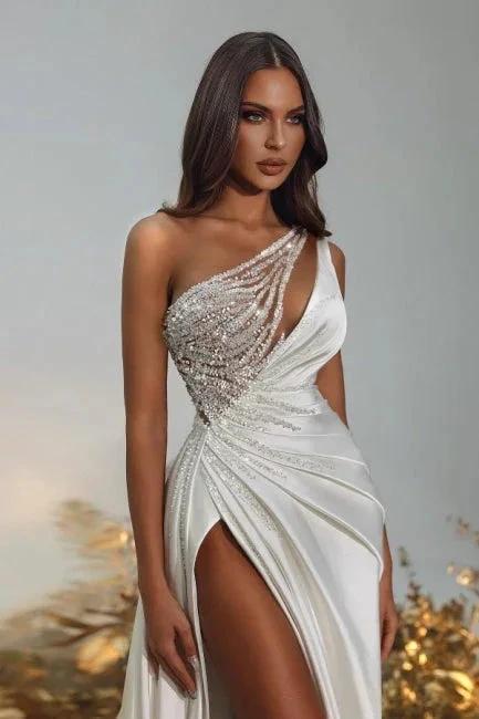 Noble one shoulder sleeveless a-line sequined satin Evening dresses - Image 2