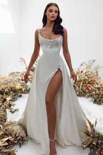 Noble square sleeveless a-line satin Wedding dress with pearls - Image 2
