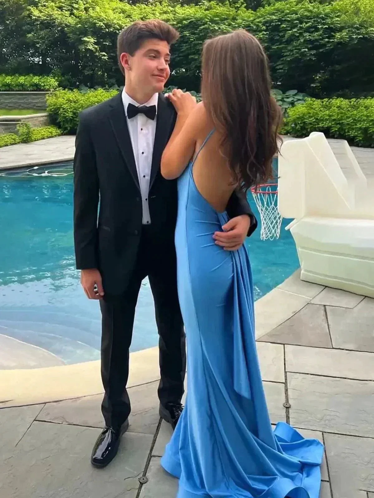 Noel | Blue Spaghetti Straps Mermaid Satin Backless Long Prom Dress - Image 3