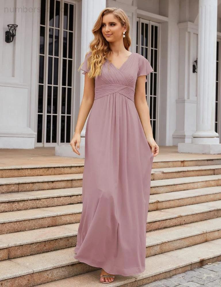 Numbersea Chiffon Bridesmaid Dress Cap Sleeves Maxi Prom Gowns Party Wedding Mother of The Bride Dresses for Women SEA28047 - Image 18