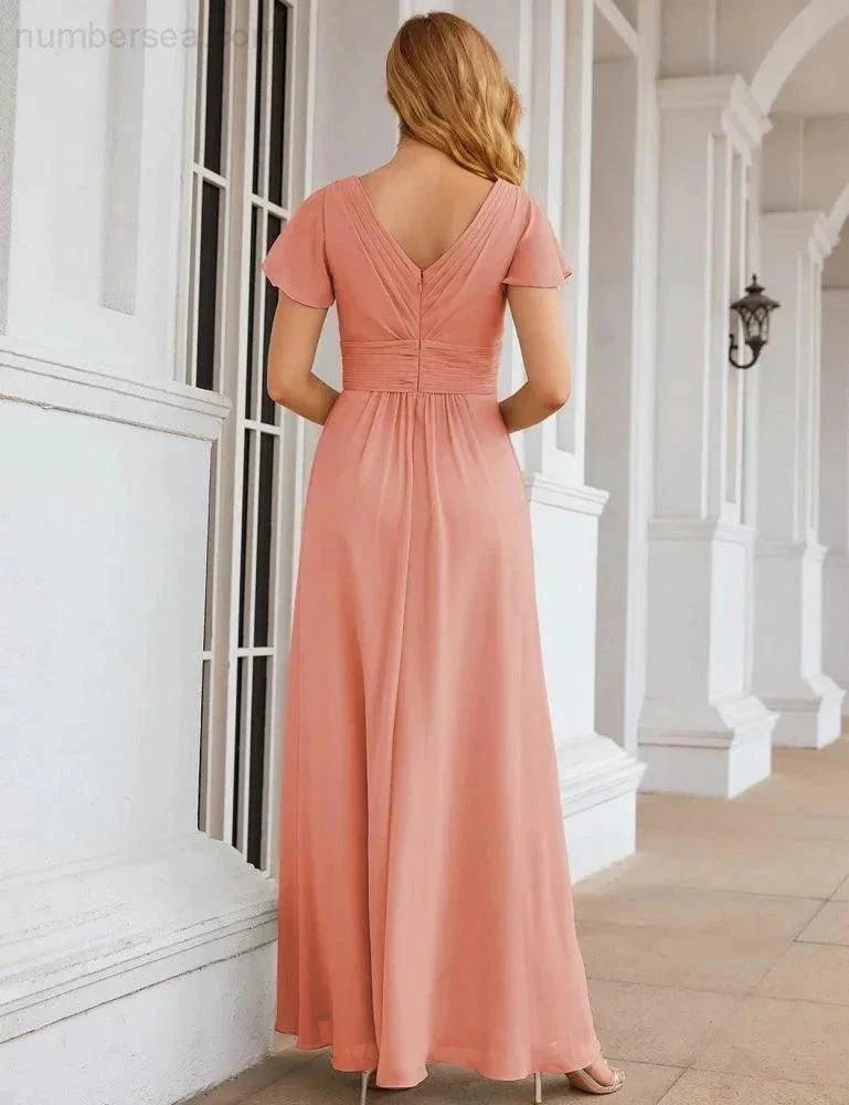 Numbersea Chiffon Bridesmaid Dress Cap Sleeves Maxi Prom Gowns Party Wedding Mother of The Bride Dresses for Women SEA28047 - Image 2