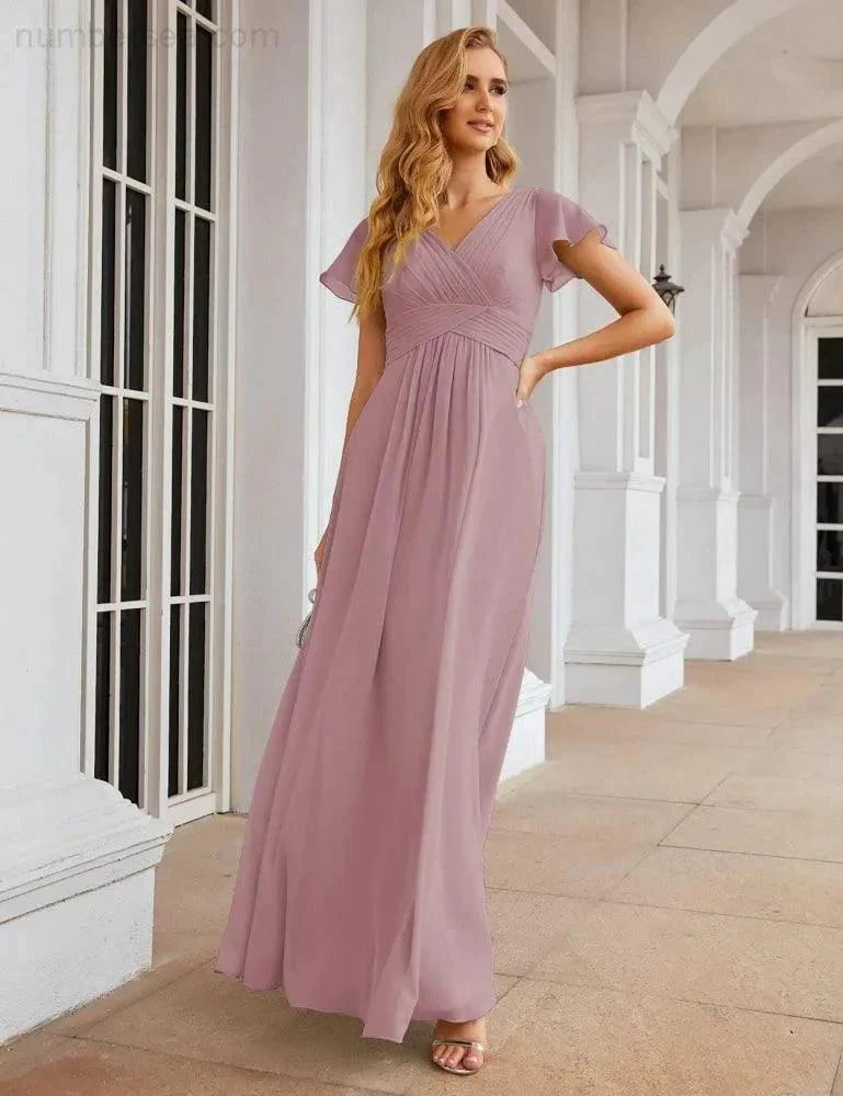 Numbersea Chiffon Bridesmaid Dress Cap Sleeves Maxi Prom Gowns Party Wedding Mother of The Bride Dresses for Women SEA28047 - Image 20