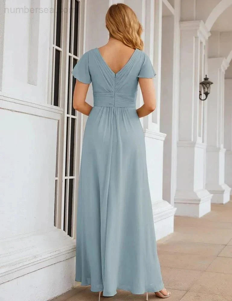 Numbersea Chiffon Bridesmaid Dress Cap Sleeves Maxi Prom Gowns Party Wedding Mother of The Bride Dresses for Women SEA28047 - Image 22