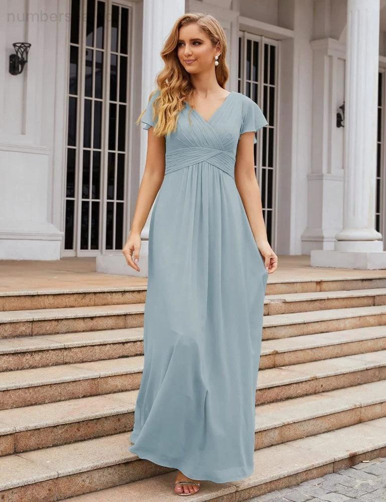 Numbersea Chiffon Bridesmaid Dress Cap Sleeves Maxi Prom Gowns Party Wedding Mother of The Bride Dresses for Women SEA28047 - Image 23