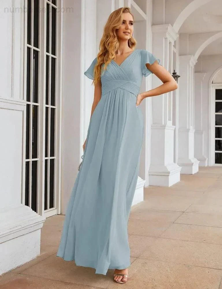 Numbersea Chiffon Bridesmaid Dress Cap Sleeves Maxi Prom Gowns Party Wedding Mother of The Bride Dresses for Women SEA28047 - Image 25