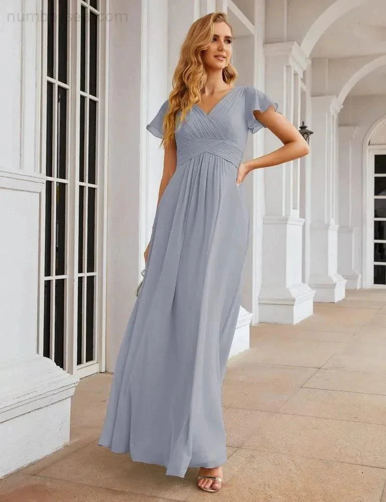 Numbersea Chiffon Bridesmaid Dress Cap Sleeves Maxi Prom Gowns Party Wedding Mother of The Bride Dresses for Women SEA28047 - Image 29