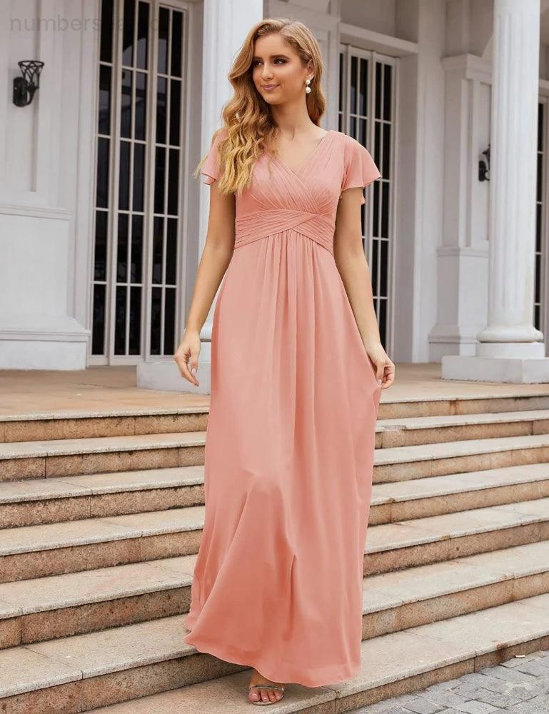 Numbersea Chiffon Bridesmaid Dress Cap Sleeves Maxi Prom Gowns Party Wedding Mother of The Bride Dresses for Women SEA28047 - Image 3