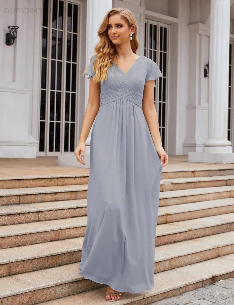 Numbersea Chiffon Bridesmaid Dress Cap Sleeves Maxi Prom Gowns Party Wedding Mother of The Bride Dresses for Women SEA28047 - Image 30