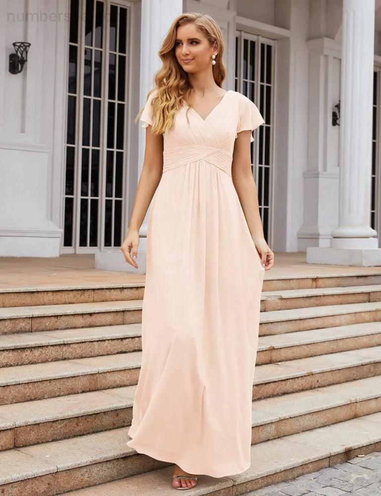 Numbersea Chiffon Bridesmaid Dress Cap Sleeves Maxi Prom Gowns Party Wedding Mother of The Bride Dresses for Women SEA28047 - Image 38