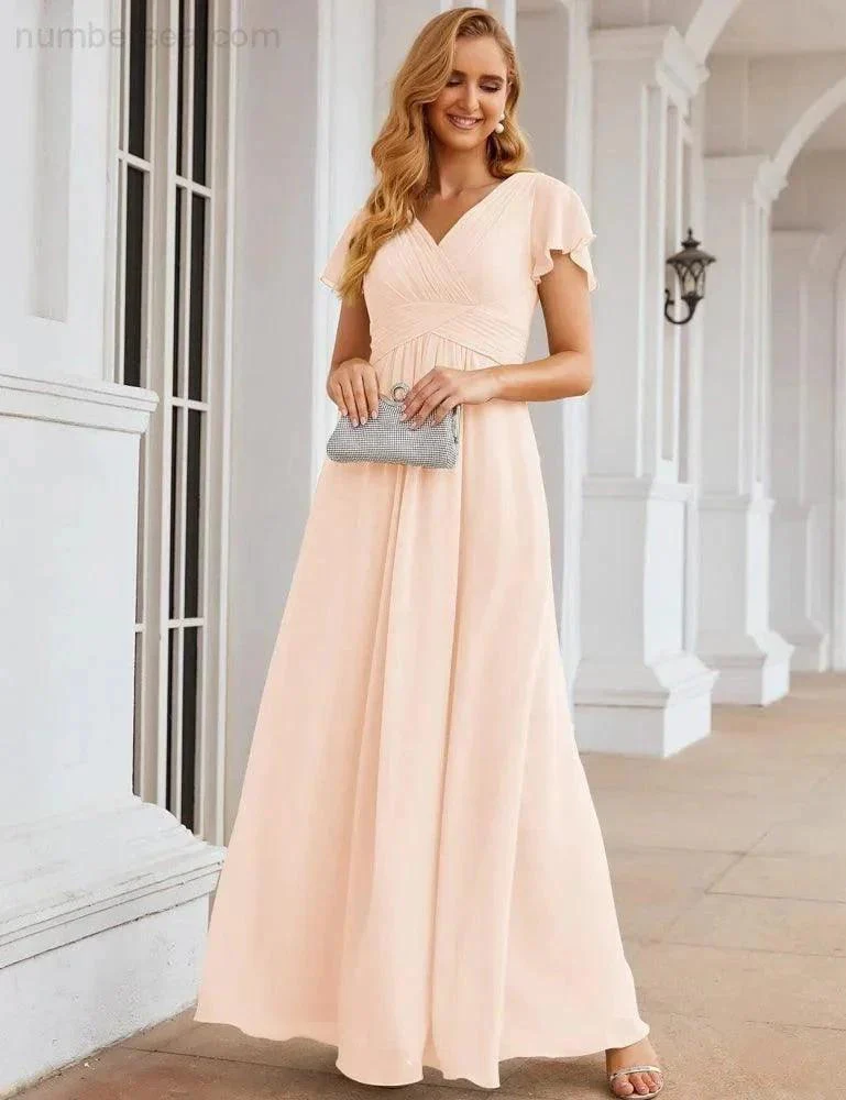 Numbersea Chiffon Bridesmaid Dress Cap Sleeves Maxi Prom Gowns Party Wedding Mother of The Bride Dresses for Women SEA28047 - Image 39