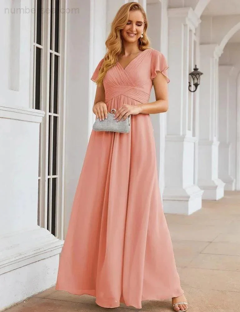 Numbersea Chiffon Bridesmaid Dress Cap Sleeves Maxi Prom Gowns Party Wedding Mother of The Bride Dresses for Women SEA28047 - Image 4