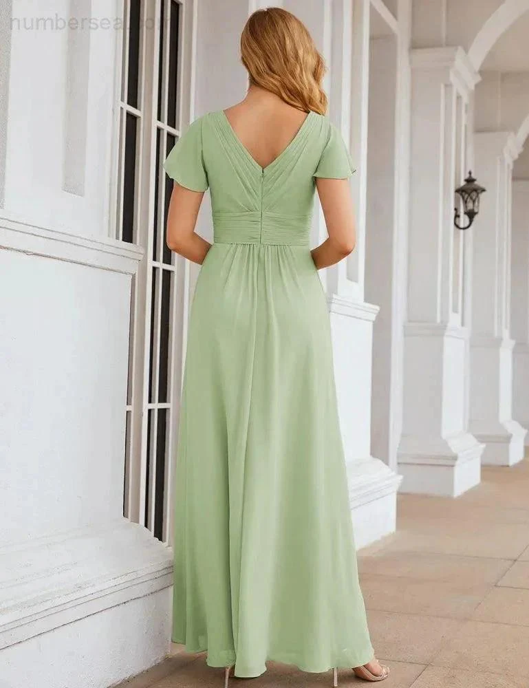 Numbersea Chiffon Bridesmaid Dress Cap Sleeves Maxi Prom Gowns Party Wedding Mother of The Bride Dresses for Women SEA28047 - Image 47