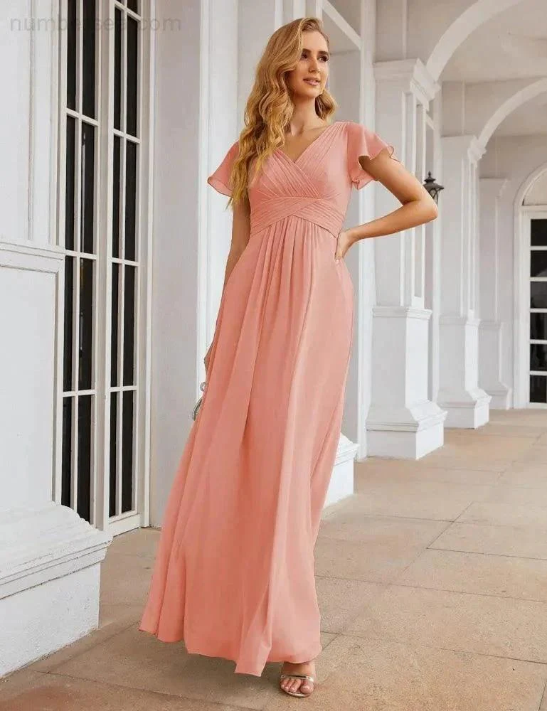 Numbersea Chiffon Bridesmaid Dress Cap Sleeves Maxi Prom Gowns Party Wedding Mother of The Bride Dresses for Women SEA28047 - Image 5