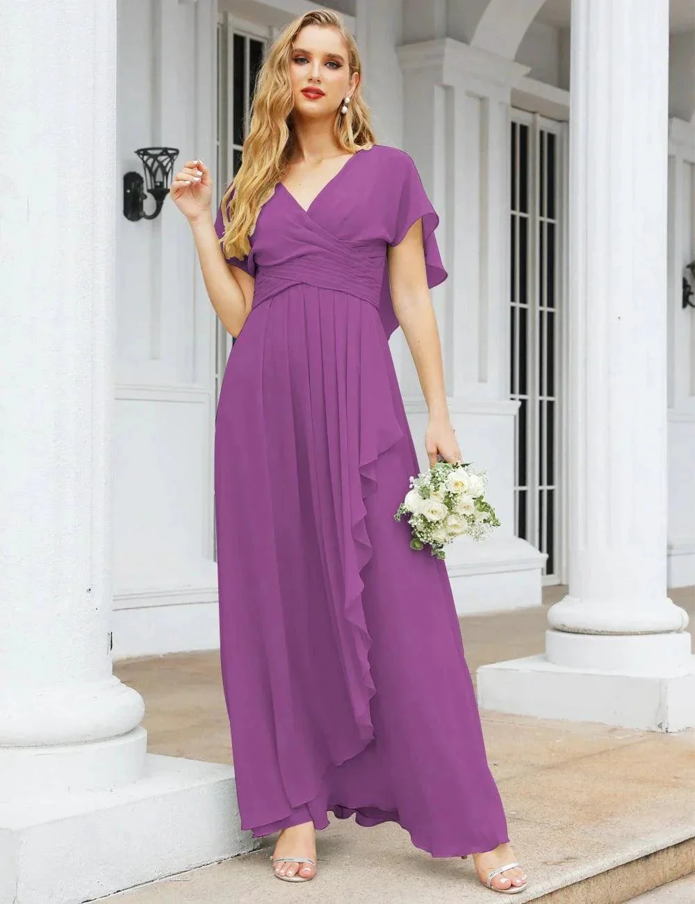 Numbersea Chiffon Bridesmaid Dresses Long Formal Evening Prom Mother of The Bride Dress with Flutter Sleeve     SEA28040 - Image 101