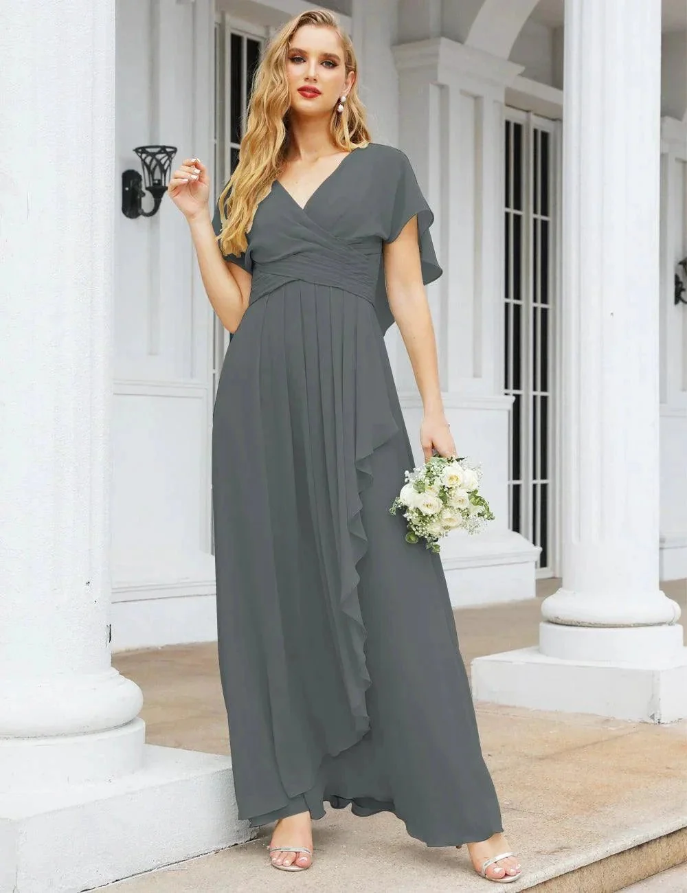 Numbersea Chiffon Bridesmaid Dresses Long Formal Evening Prom Mother of The Bride Dress with Flutter Sleeve     SEA28040 - Image 105
