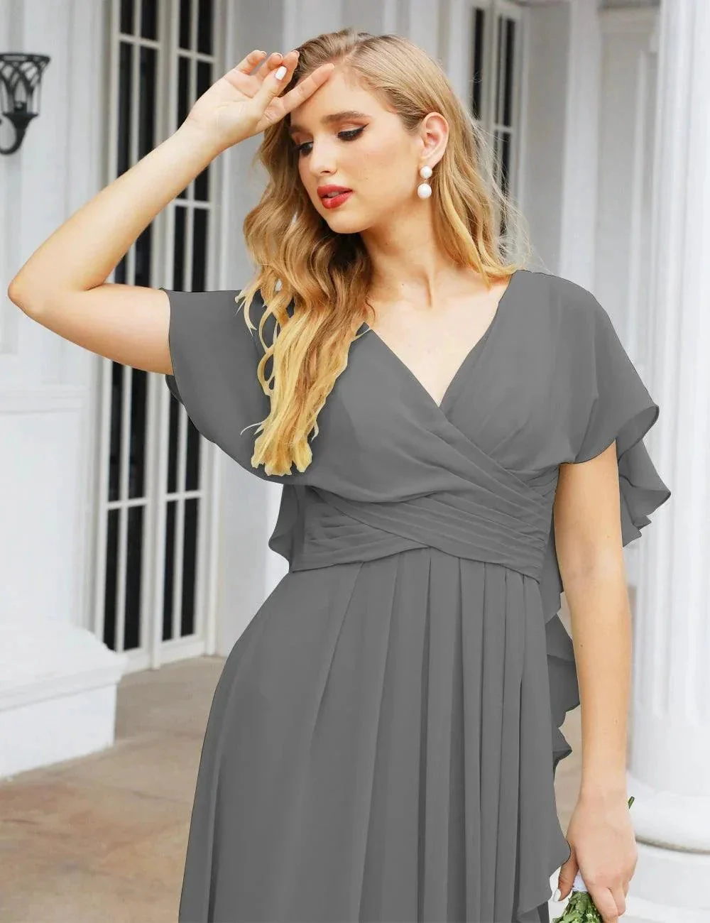 Numbersea Chiffon Bridesmaid Dresses Long Formal Evening Prom Mother of The Bride Dress with Flutter Sleeve     SEA28040 - Image 137
