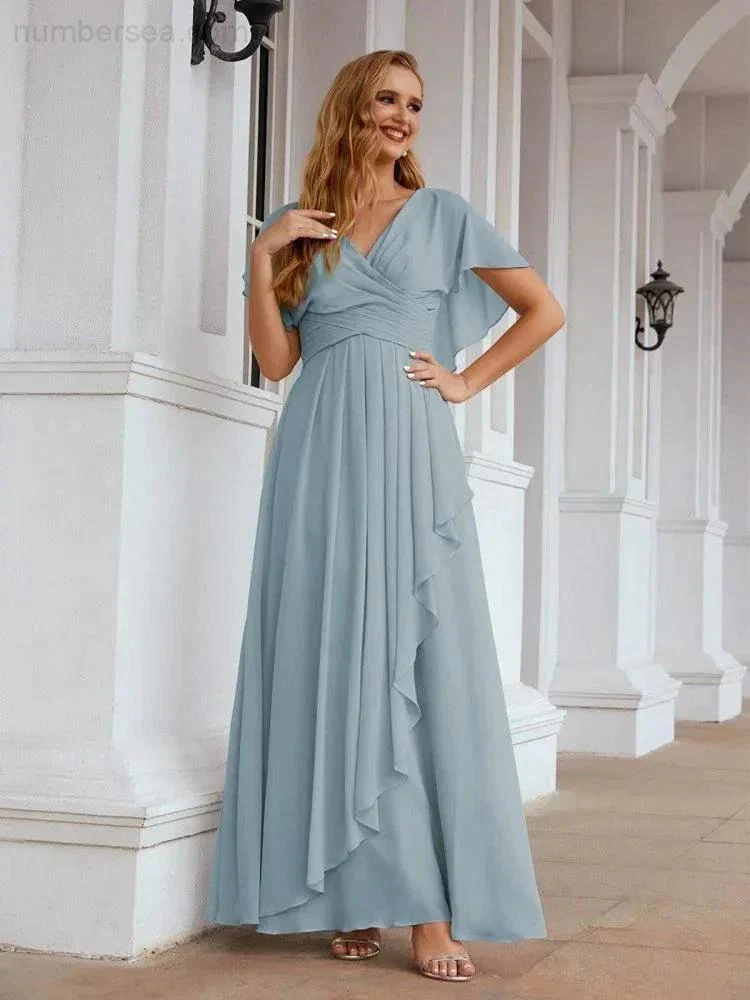 Numbersea Chiffon Bridesmaid Dresses Long Formal Evening Prom Mother of The Bride Dress with Flutter Sleeve     SEA28040 - Image 14