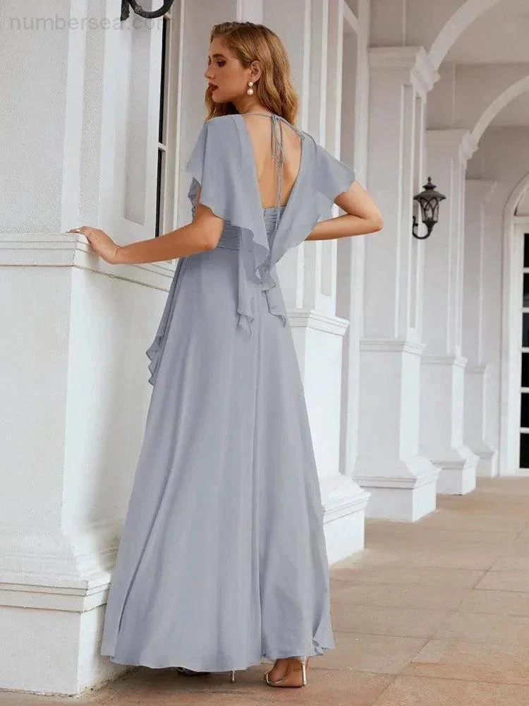 Numbersea Chiffon Bridesmaid Dresses Long Formal Evening Prom Mother of The Bride Dress with Flutter Sleeve     SEA28040 - Image 17