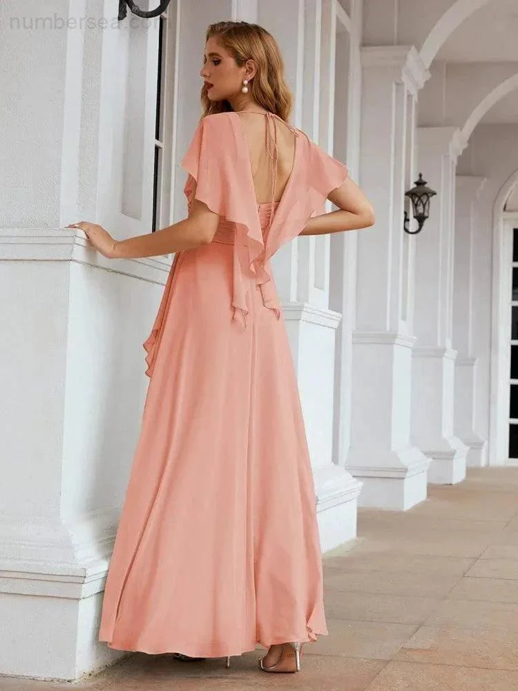 Numbersea Chiffon Bridesmaid Dresses Long Formal Evening Prom Mother of The Bride Dress with Flutter Sleeve     SEA28040 - Image 2