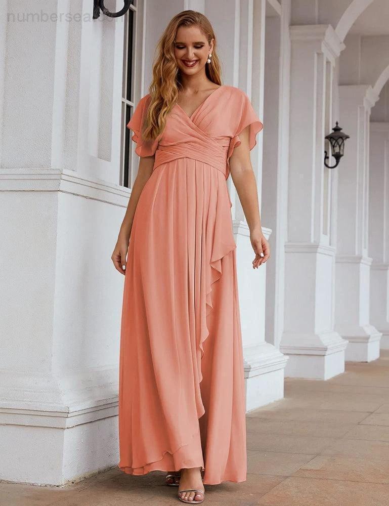 Numbersea Chiffon Bridesmaid Dresses Long Formal Evening Prom Mother of The Bride Dress with Flutter Sleeve     SEA28040 - Image 3